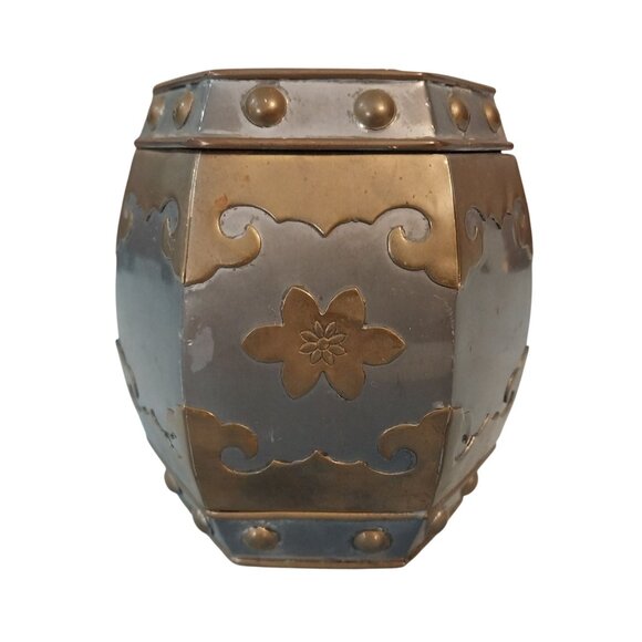 Vintage Hong Kong Pewter & Brass Tea Caddy Tobacco Jar Bat Lotus 1930s 4" - Picture 3 of 7